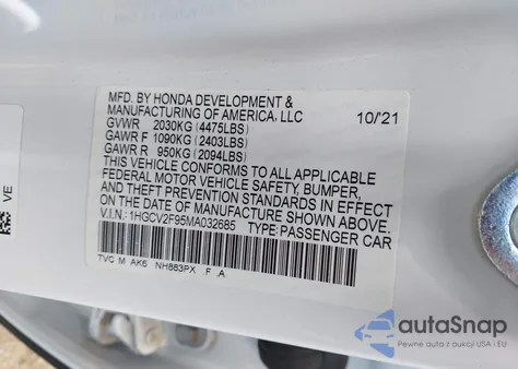 2021 Honda Accord Touring z USA, uszkodzony, nr VIN 1HGCV2F95MA032685